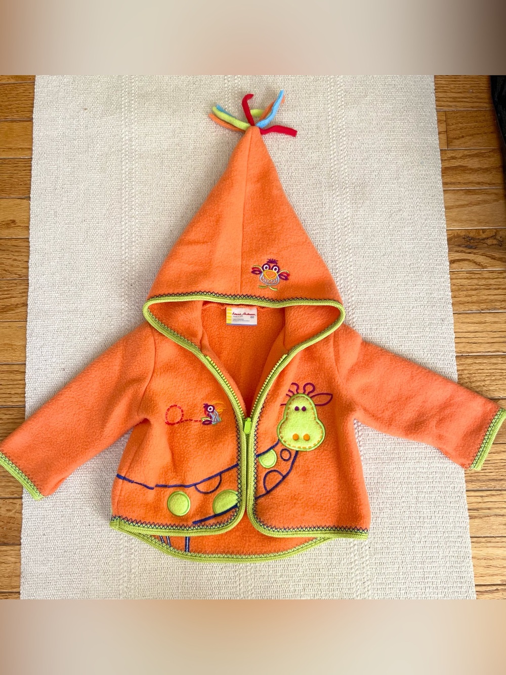 Hanna Andersson Animal Appliqué Fleece Jacket Hooded Sz 60 3-6 Months VTG Y2K
